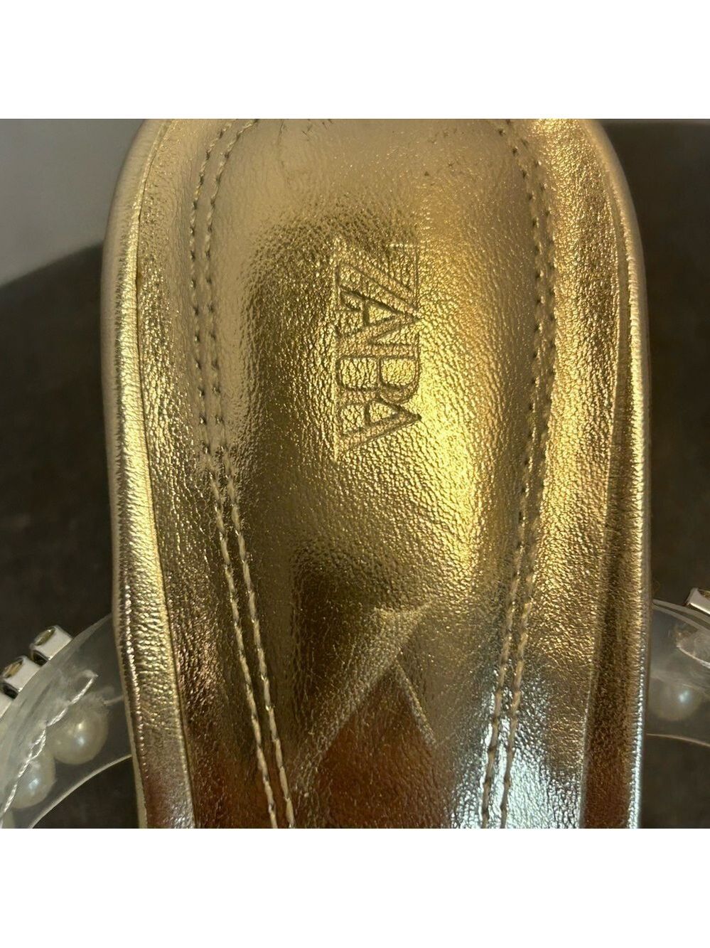 Zara metallic gold Open toe high heel mule sandal rhinestones and pearls 37 NWOB - Picture 9 of 10